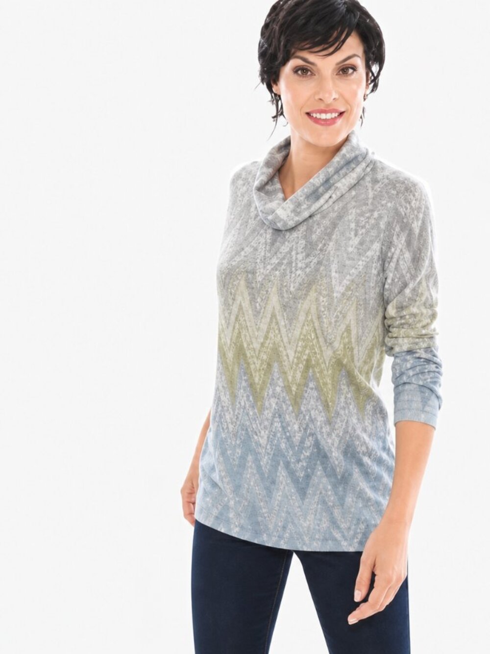 Chico’s Luxe Ombre chevron 3/4 sleeve cowl neck lightweight tunic, sz M (1)